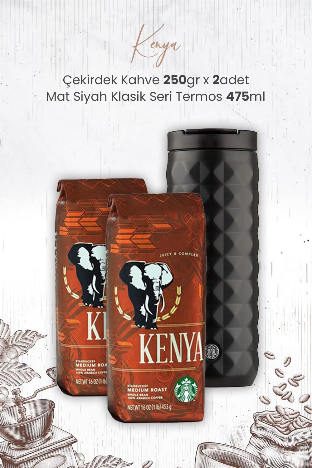Starbucks Kenya Çekirdek Kahve 250 gr x 2 Adet ve Mat Siyah Termos 473 ml