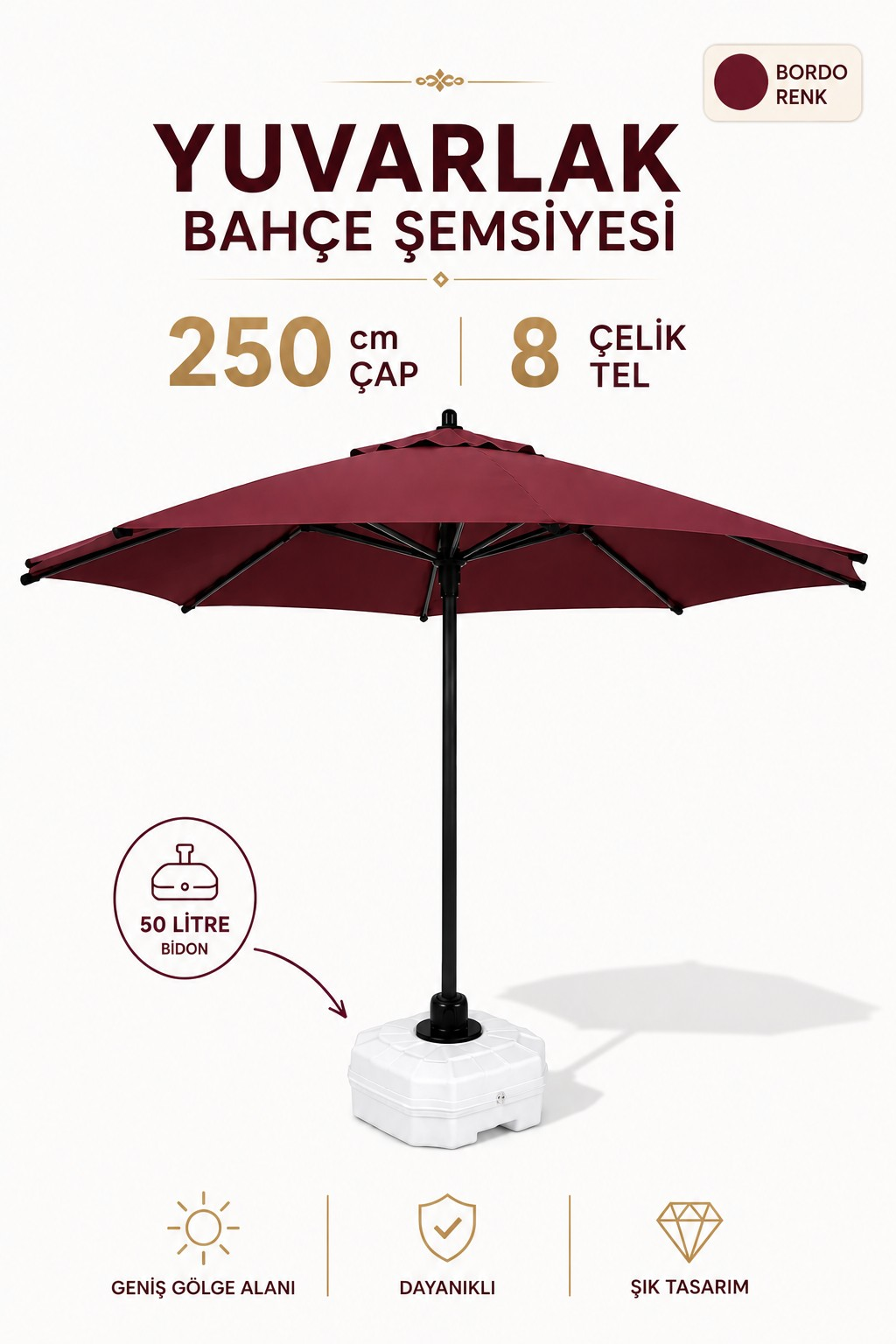 Alubrella Bordo Yuvarlak Bahçe Şemsiyesi 250 çap/ 8 tel BİDONLU