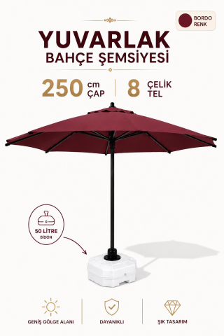 Alubrella Bordo Yuvarlak Bahçe Şemsiyesi 250 çap/ 8 tel BİDONLU