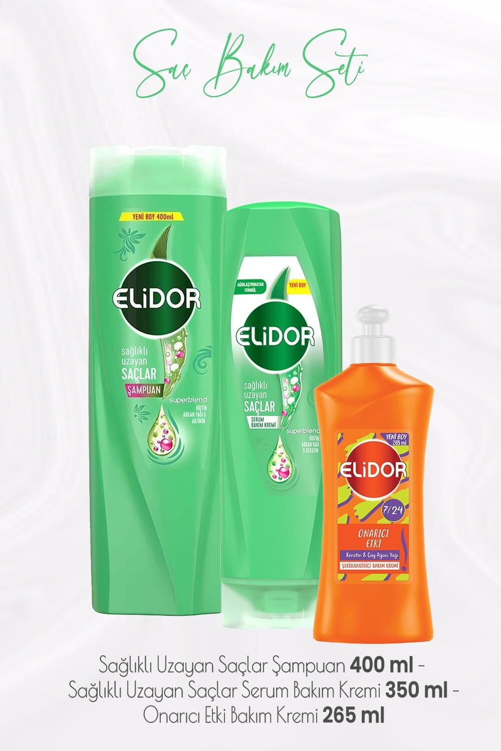 Elidor Superblend Sağlıklı Uzayan Saçlar Şampuan 400 ml, Serum Bakım Kremi 350 ml ve Onarıcı Etki Krem 265 ml