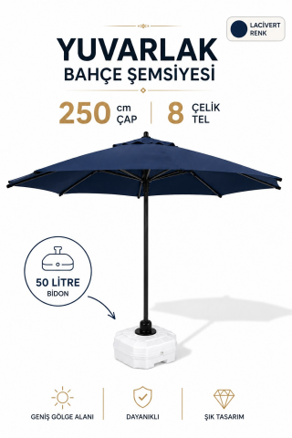 Alubrella Lacivert Yuvarlak 250 çap/ 8 tel Bahçe Şemsiyesi BİDONLU