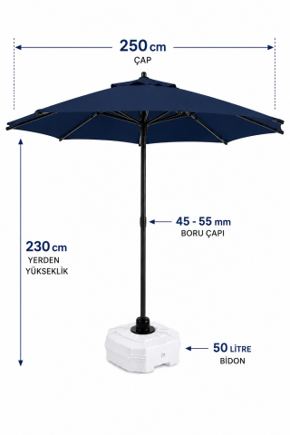 Alubrella Lacivert Yuvarlak 250 çap/ 8 tel Bahçe Şemsiyesi BİDONLU