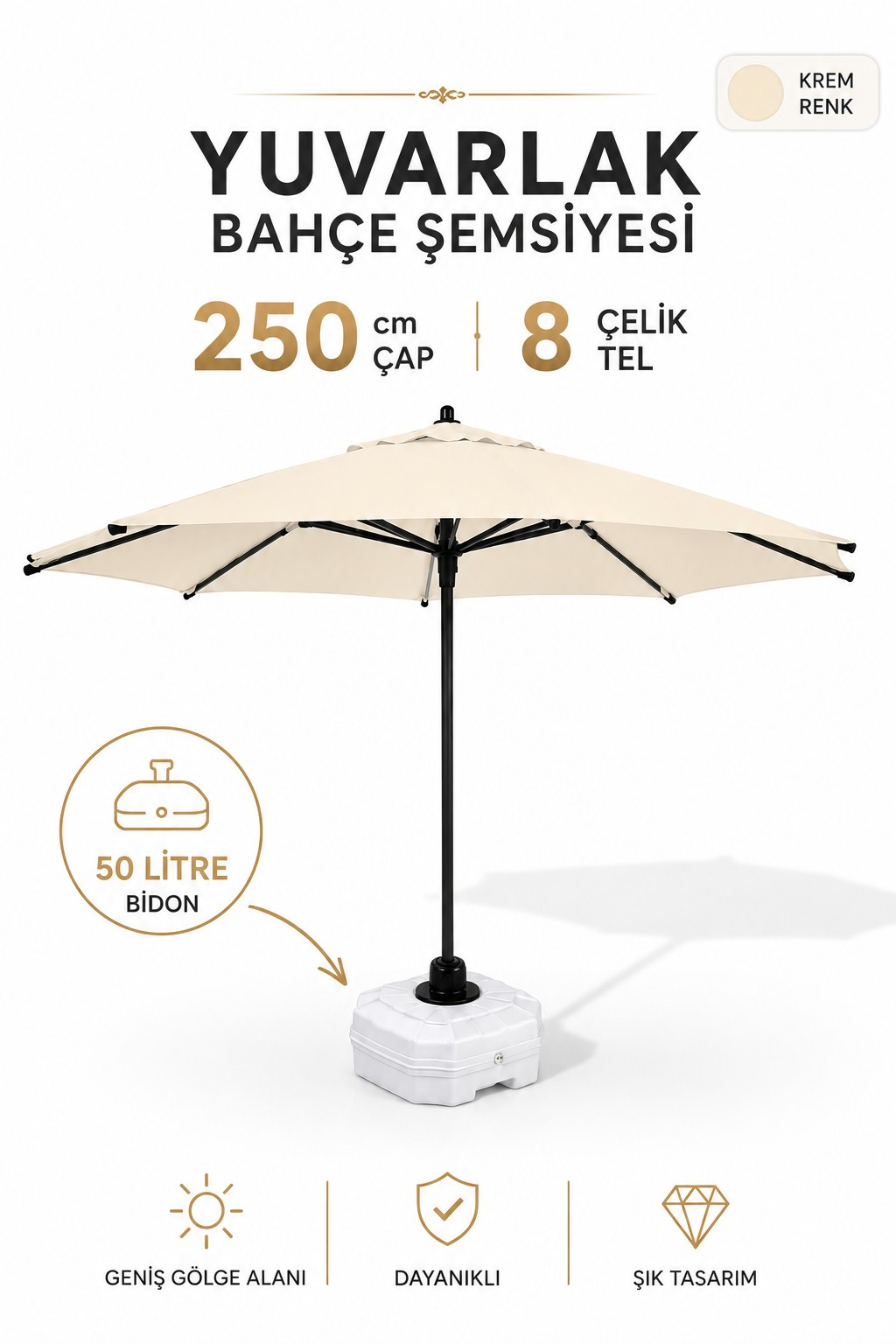 Alubrella Krem Yuvarlak 250 çap/ 8 tel Bahçe Şemsiyesi BİDONLU