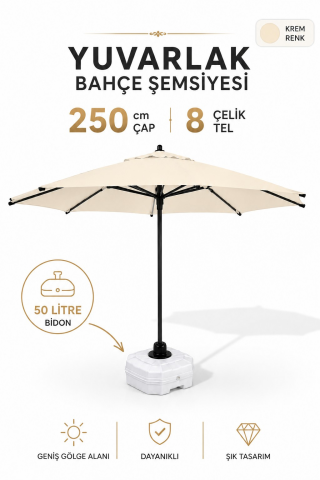 Alubrella Krem Yuvarlak 250 çap/ 8 tel Bahçe Şemsiyesi BİDONLU