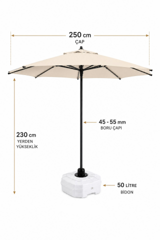 Alubrella Krem Yuvarlak 250 çap/ 8 tel Bahçe Şemsiyesi BİDONLU