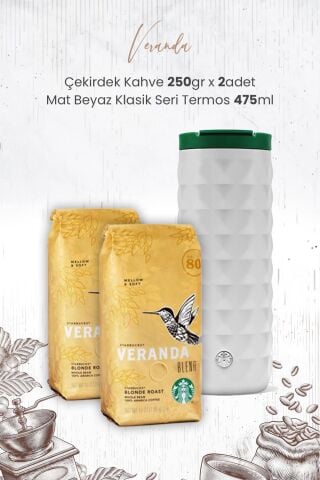 Starbucks Veranda Arabica Çekirdek Kahve 250 gr x 2 Adet ve Mat Beyaz Termos 473 ml