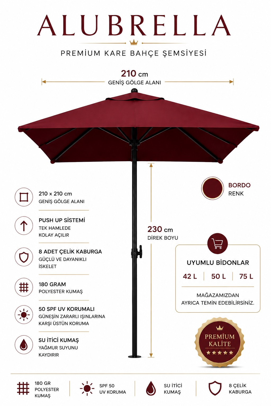 Alubrella Premium 210 x 210 cm Kare Bahçe Şemsiyesi, 180 gr Polyester, 50 SPF UV Korumalı, 8 Çelik Kaburga, Bordo, Bidonsuz