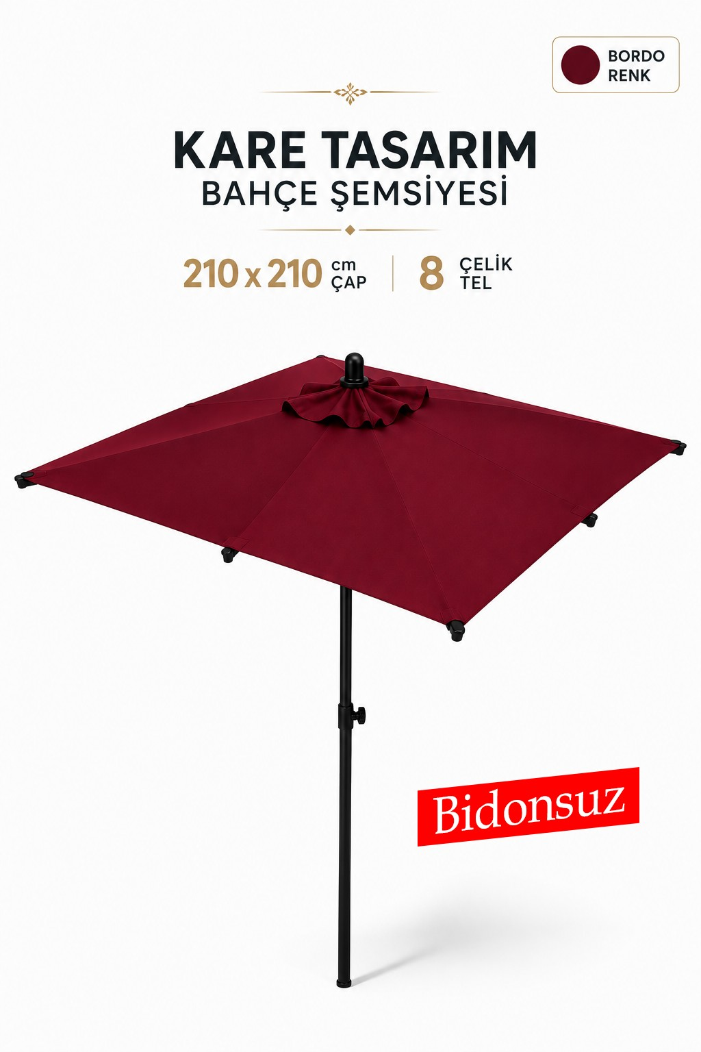 Alubrella 210x210 Kare Bordo Bahçe, Güneş Şemsiyesi 8 Çelik Tel BİDONSUZ