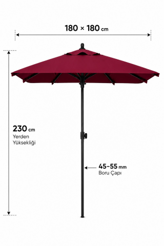 Alubrella 210x210 Kare Bordo Bahçe, Güneş Şemsiyesi 8 Çelik Tel BİDONSUZ