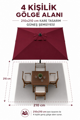 Alubrella 210x210 Kare Bordo Bahçe, Güneş Şemsiyesi 8 Çelik Tel BİDONSUZ