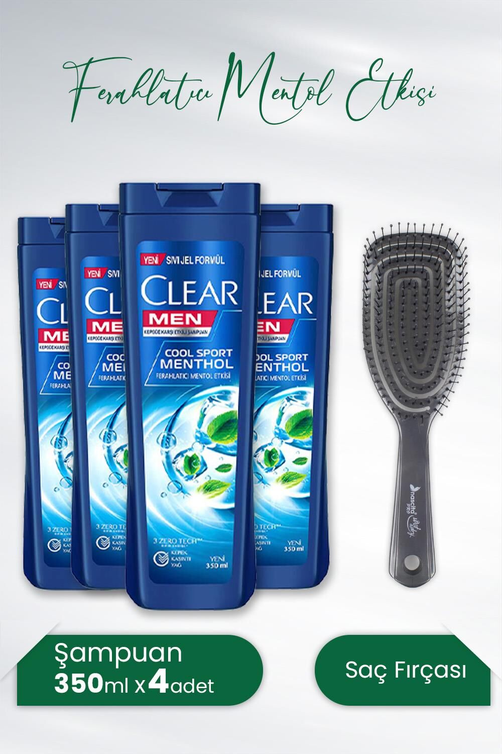 Clear Men Kepeğe Karşı Şampuan Mentol 350 ml x 4 Adet ve Nascita Üç Boyutlu Saç Fırçası Koyu Gri