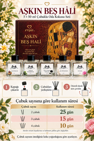 Rosie Aşkın Beş Hâli 5’li Çubuklu Oda Kokusu Hediye Seti 5 x 50 ml