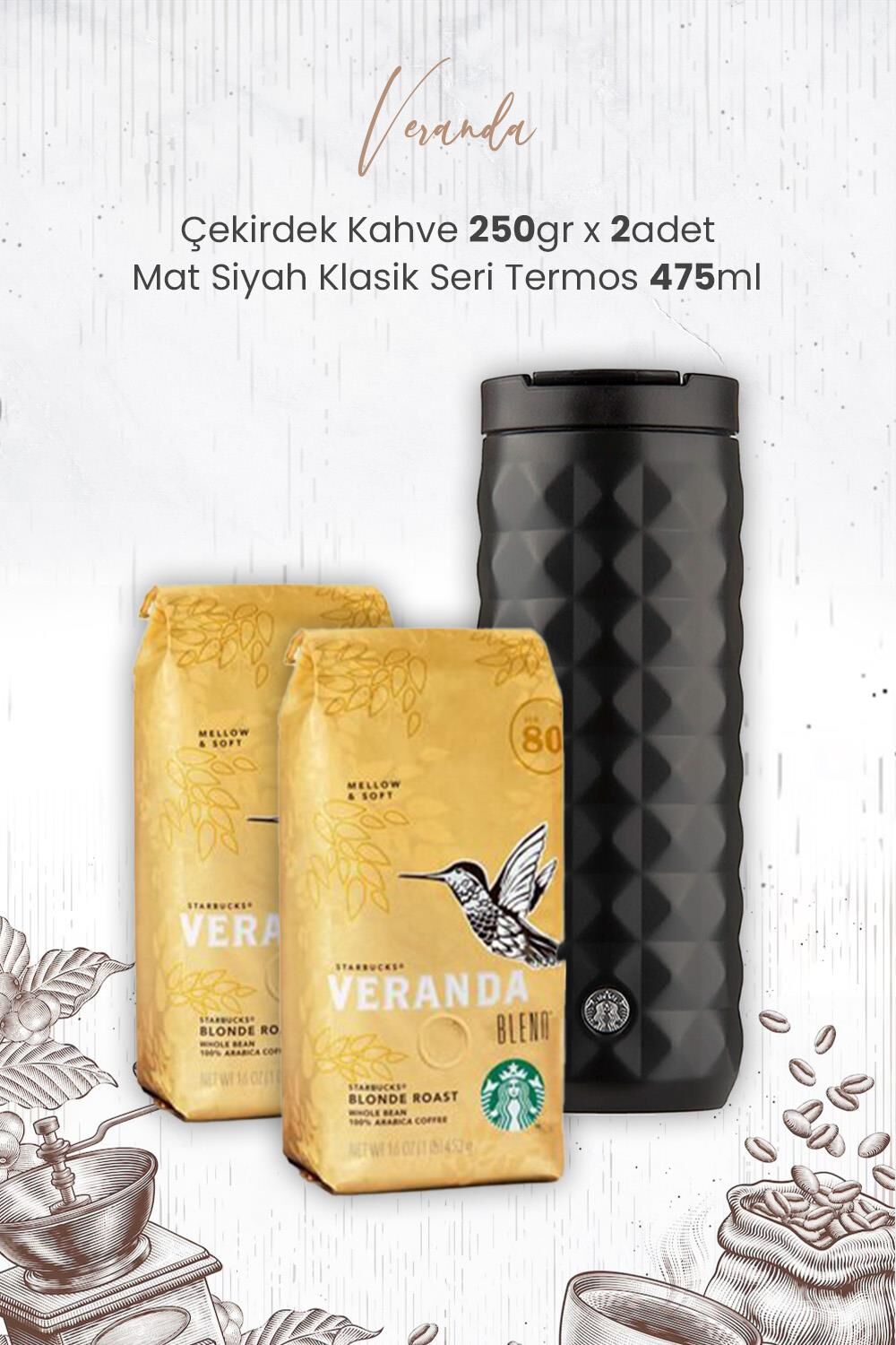 Starbucks Veranda Arabica Çekirdek Kahve 250 gr x 2 Adet ve Mat Siyah Termos 473 ml