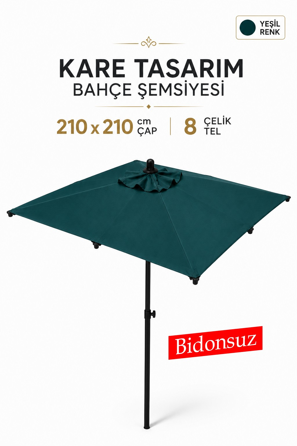 Alubrella Yeşil Kare Bahçe, Güneş Şemsiyesi 210x210/8 Çelik Tel BİDONSUZ