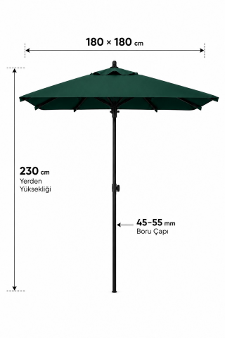 Alubrella Yeşil Kare Bahçe, Güneş Şemsiyesi 210x210/8 Çelik Tel BİDONSUZ