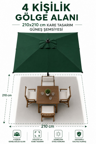 Alubrella Yeşil Kare Bahçe, Güneş Şemsiyesi 210x210/8 Çelik Tel BİDONSUZ