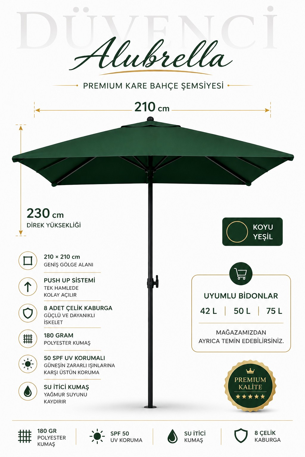 ALUBRELLA 210x210 cm Kare Bahçe Şemsiyesi Push Up Sistem 180 gr Polyester 50 SPF UV Korumalı Koyu Yeşil, Bidonsuz