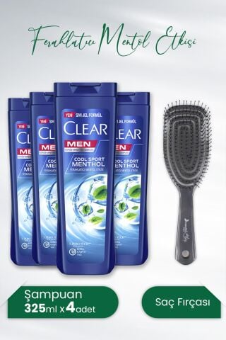 Clear Men Kepeğe Karşı Mentol Etkisi 325 ml x 4 Adet ve Nascita Üç Boyutlu Saç Fırçası Koyu Gri