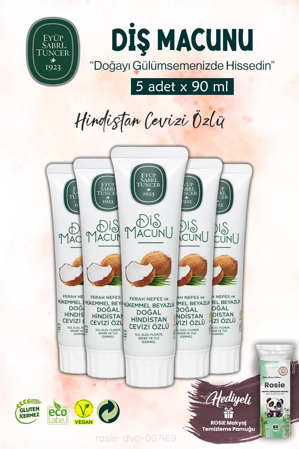 5 ADET Hindistan Cevizi Özlü Diş Macunu 90 ml ve ROSIE