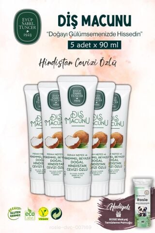 5 ADET Hindistan Cevizi Özlü Diş Macunu 90 ml ve ROSIE