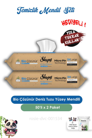 Sleepy 2 Adet Bio Çözünür Yüzey Temizlik Havlusu Deniz Tuzu 50'li ve ROSIE
