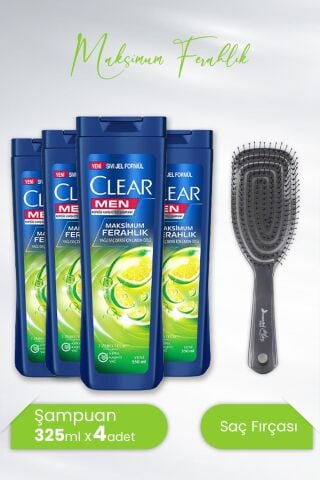 Clear Men Kepeğe Karşı Şampuan Maksimum Ferahlık 350 ML x 4 Adet ve Nascita Üç Boyutlu Saç Fırçası Koyu Gri