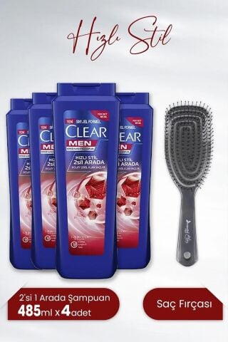 Clear Hızlı Stil 2'si 1 Arada Şampuan 485 ml x 4 Adet ve Nascita Üç Boyutlu Saç Fırçası Koyu Gri