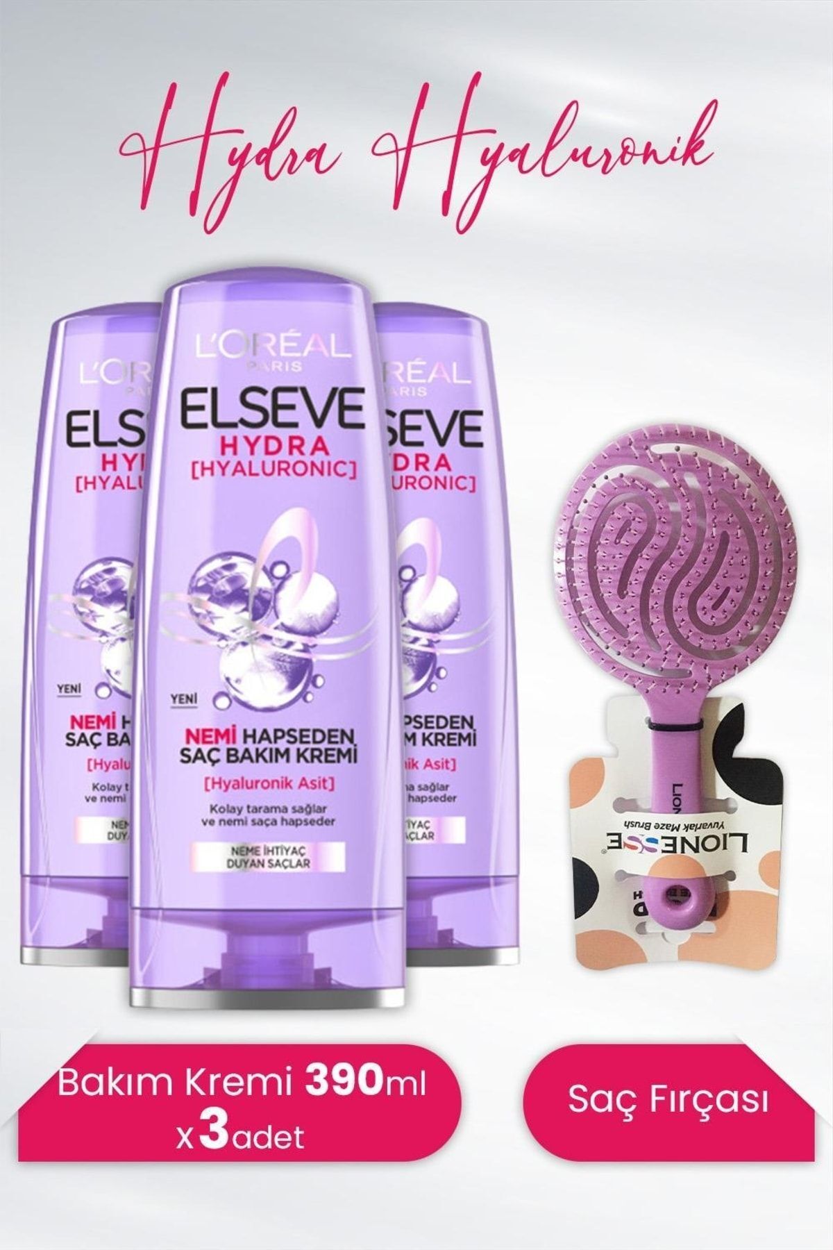 Elseve Hydra Hyaluronik Saç Bakım Kremi 390 Ml X 3 Adet Ve Tarko Lionesse Saç Fırçası Yuvarlak Mor