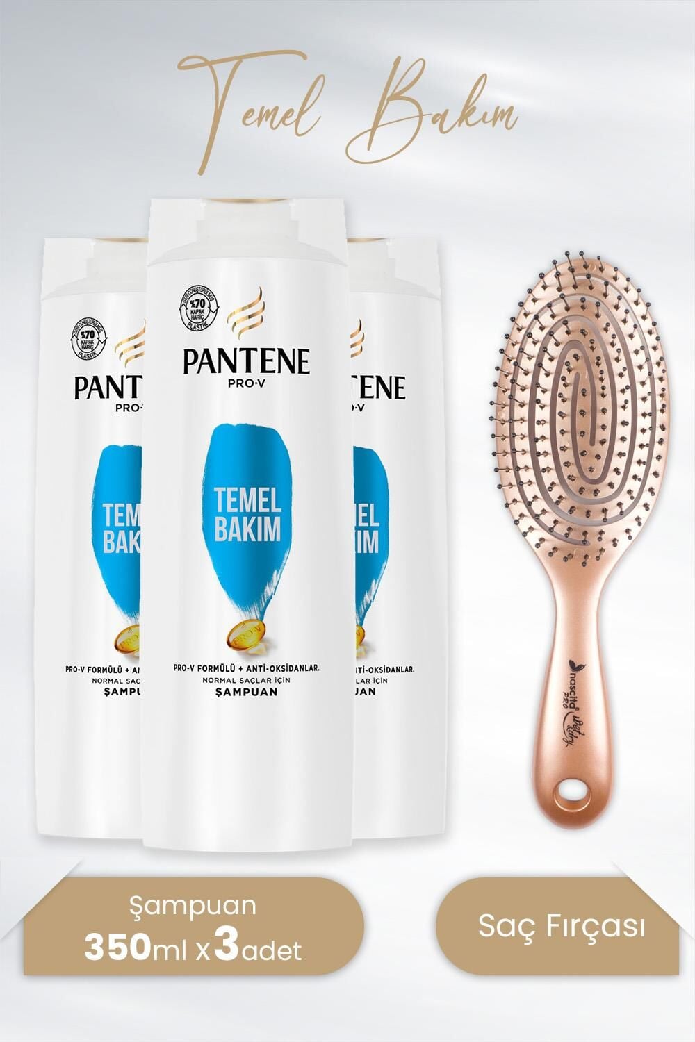Pantene Şampuan Pro-V Temel Bakım 350 ml x3 Adet ve Nascita Üç Boyutlu Oval Saç Fırçası Kahverengi