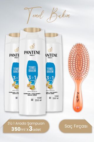 Pantene Şampuan Temel Bakım 3'ü 1 Arada 350 ml x3 Adet ve  Nascita Üç Boyutlu Oval Saç Fırçası Turuncu