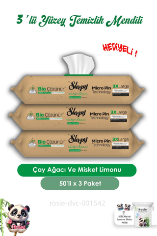 Sleepy 3 Adet Çay Ağacı Ve Misket Limonu Yüzey Mendili 50'li ve ROSIE