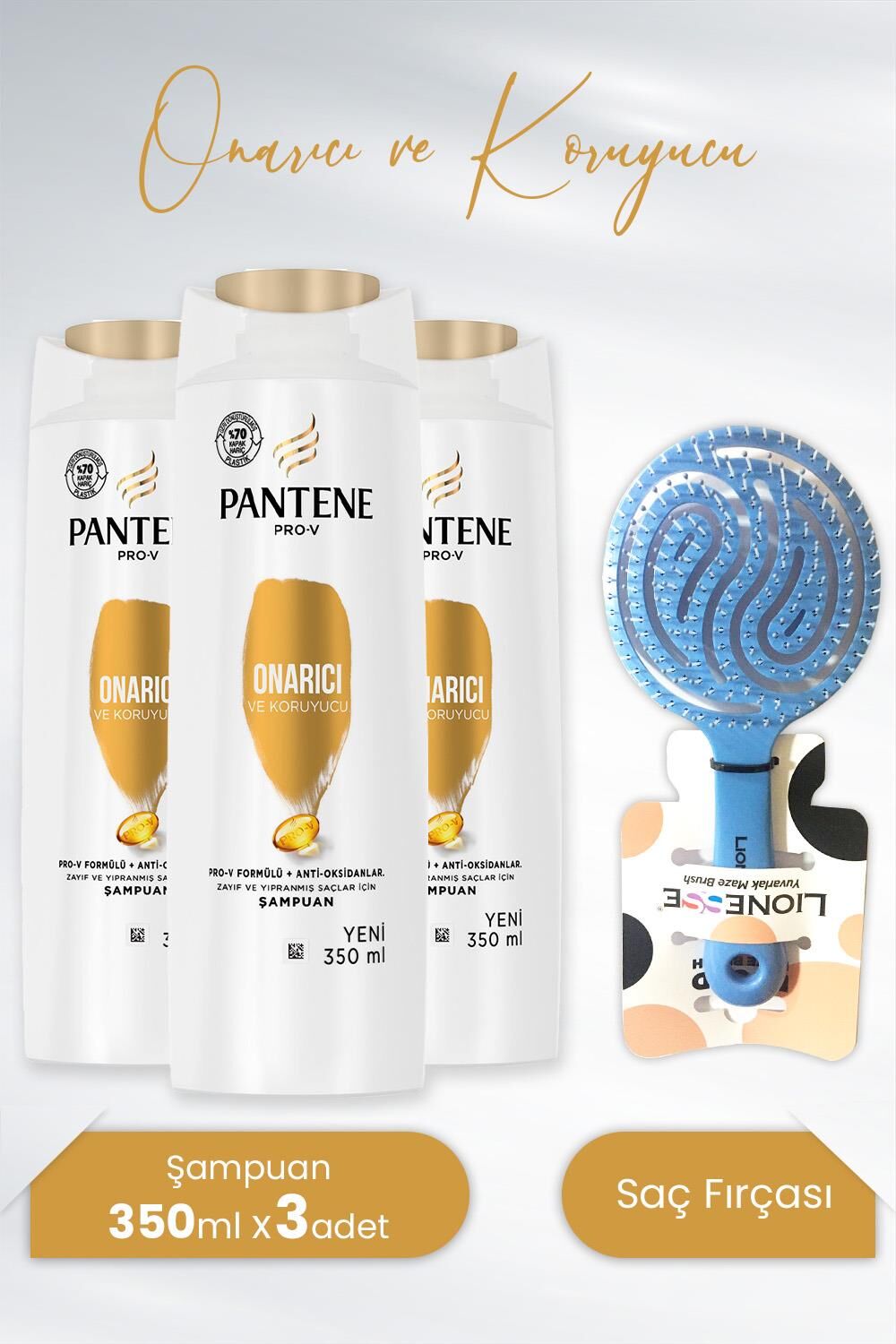 Pantene Şampuan Pro-V Onarıcı ve Koruyucu 350 ml x 3 Adet ve Tarko Lionesse Saç Fırçası Yuvarlak Mavi
