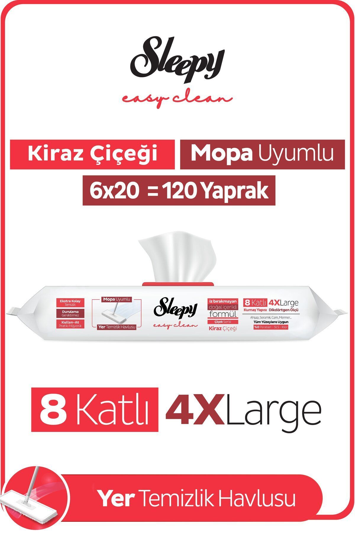 Sleepy Easy Clean Kiraz Çiçeği Mopa Uyumlu Yer Temizlik Havlusu 6X20 (120 Yaprak)