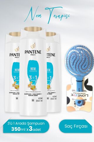 Pantene Şampuan Pro-V Nem Terapisi 3'ü 1 Arada 350 ml x3 Adet ve Tarko Lionesse Saç Fırçası Yuvarlak Mavi