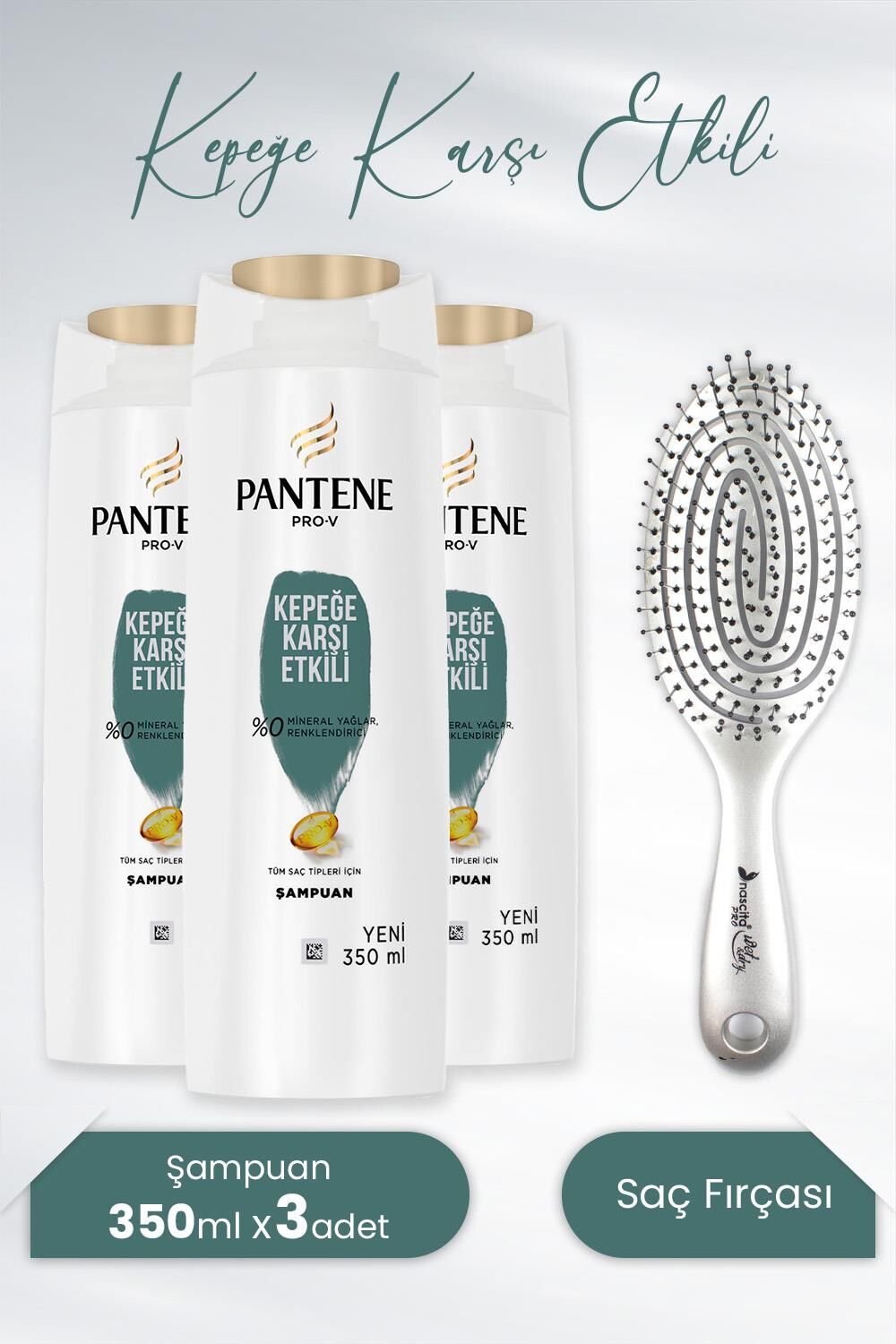 Pantene Şampuan Pro-V Kepeğe Karşı Etkili 350 ml x3 Adet ve Nascita Üç Boyutlu Oval Saç Fırçası Gri
