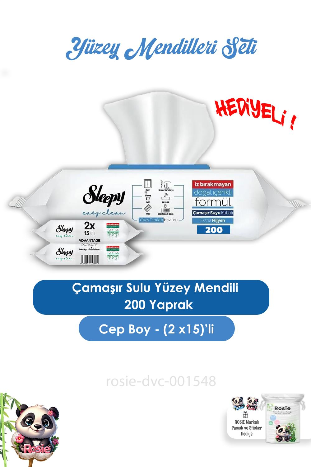 Sleepy 2 Adet Çamaşır Sulu Yüzey Temizlik Havlusu 100' lü, Easy Clean 2x15 ve ROSIE