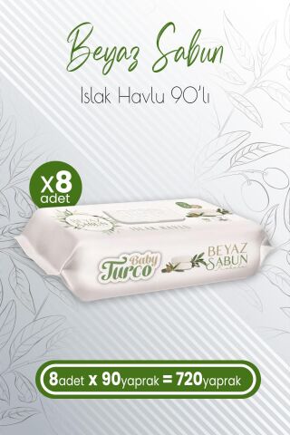 Baby Turco Islak Havlu Beyaz Sabun Kokulu 90' lı x 8 Adet (720 Yaprak)