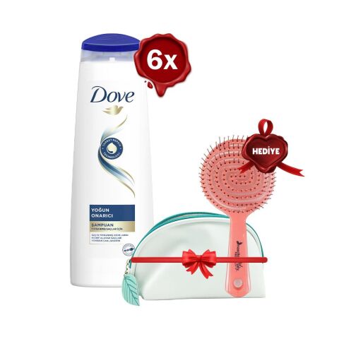 Dove Saç Bakım Şampuanı Yoğun Onarıcı 350 ml x 6, Pro Saç Fırçası ve Çanta Hediyeli