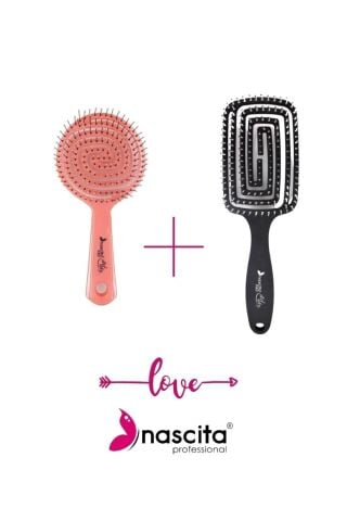 Nascita Üç Boyutlu Saç Fırçası Siyah ve Oval Saç Fırçası Pembe