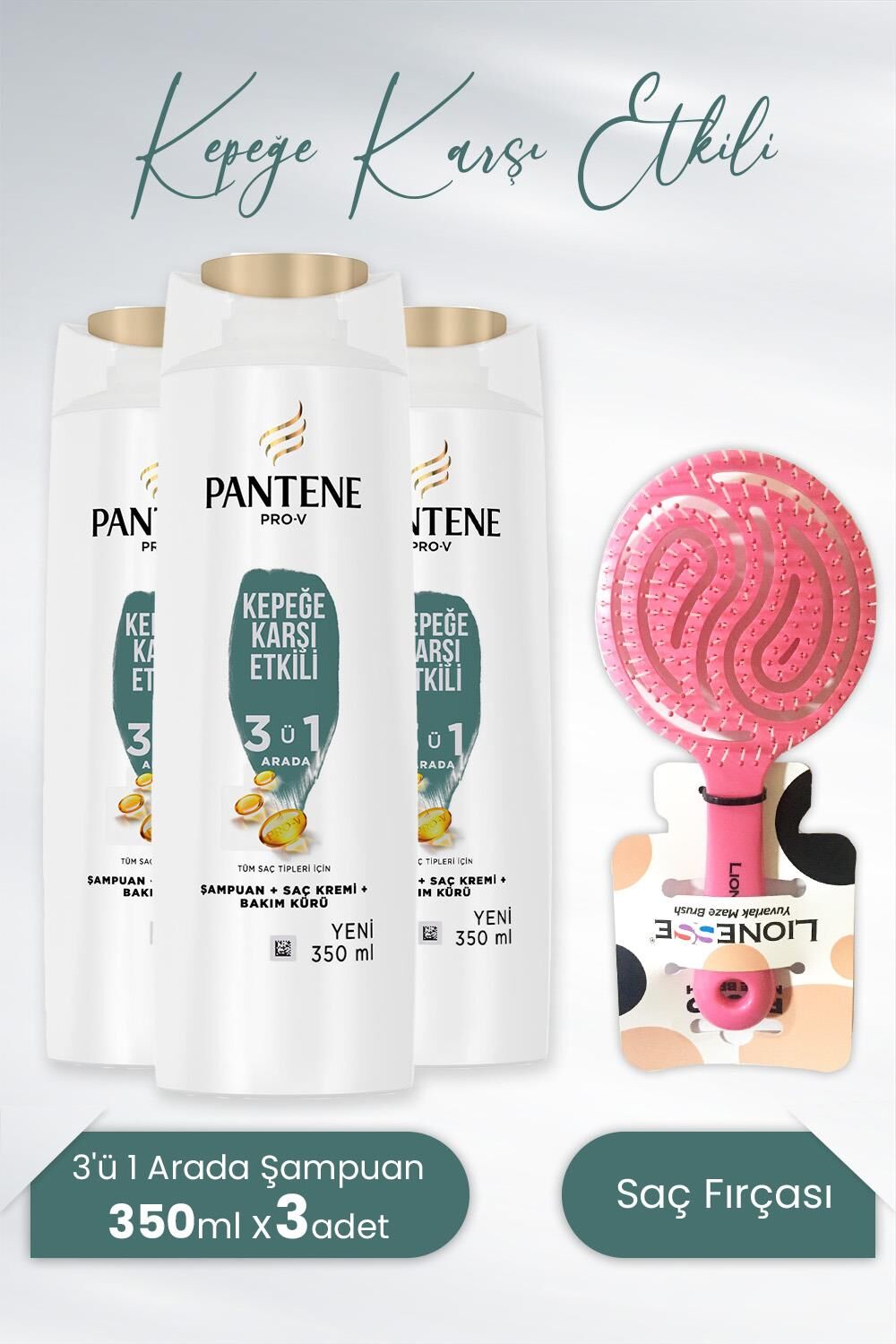 Pantene Şampuan Pro-V Kepeğe Karşı 3'ü 1 Arada 350 ml x3 Adet ve Tarko Lionesse Saç Fırçası Yuvarlak Pembe