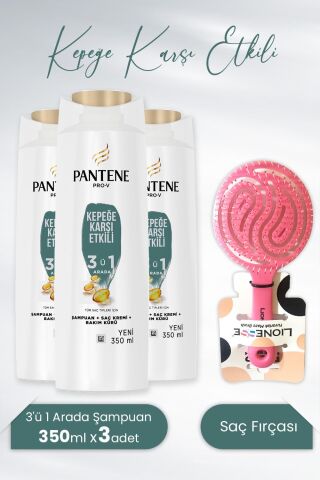 Pantene Şampuan Pro-V Kepeğe Karşı 3'ü 1 Arada 350 ml x3 Adet ve Tarko Lionesse Saç Fırçası Yuvarlak Pembe