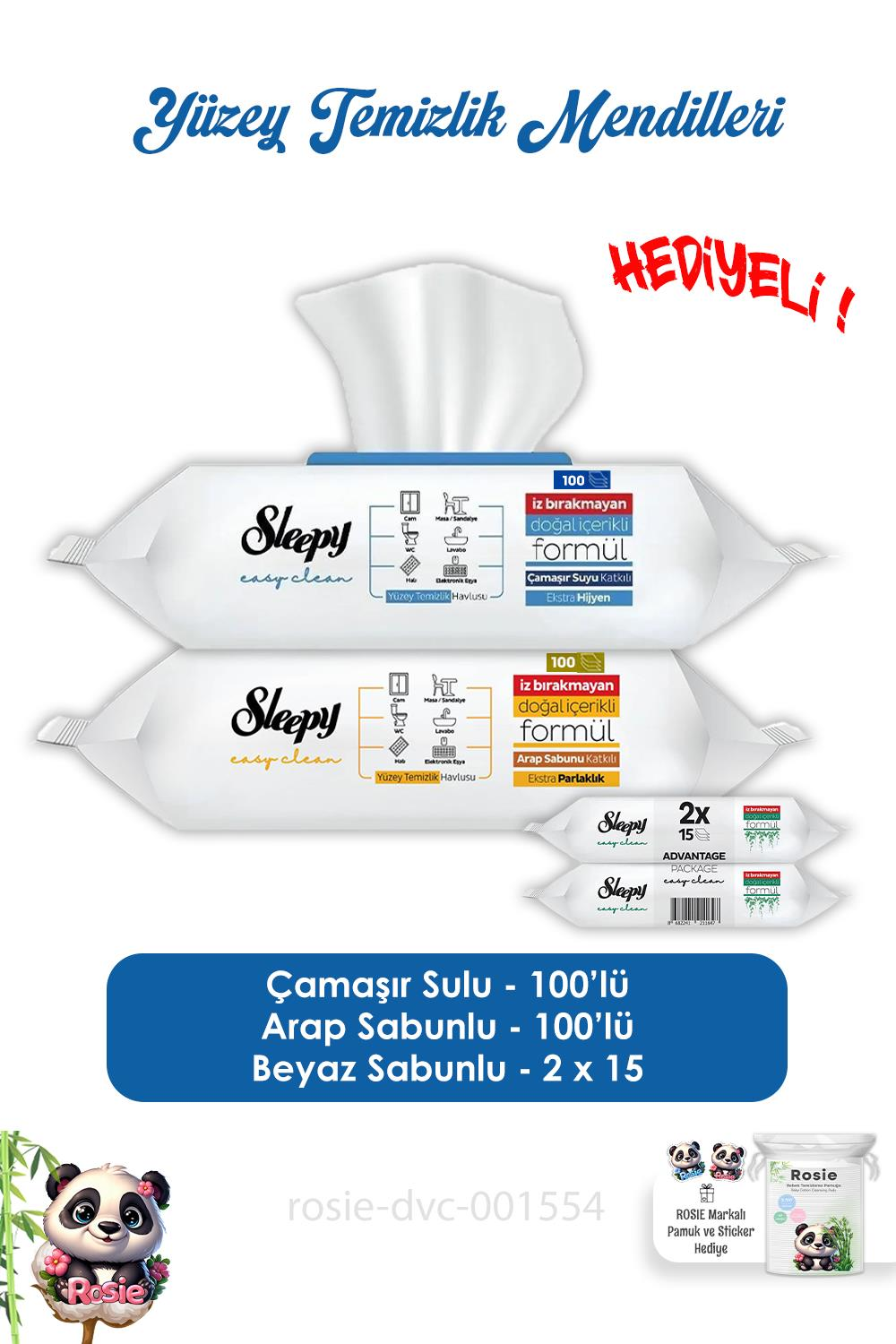Sleepy  Çamaşır Sulu 100' lü, Arap Sabunlu 100'lü Yüzey Temizlik Havlusu,  Easy Clean 2x15 ve ROSIE