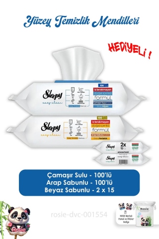 Sleepy  Çamaşır Sulu 100' lü, Arap Sabunlu 100'lü Yüzey Temizlik Havlusu,  Easy Clean 2x15 ve ROSIE