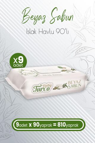 Baby Turco Islak Havlu Beyaz Sabun Kokulu 90' lı x 9 Adet (810 Yaprak)