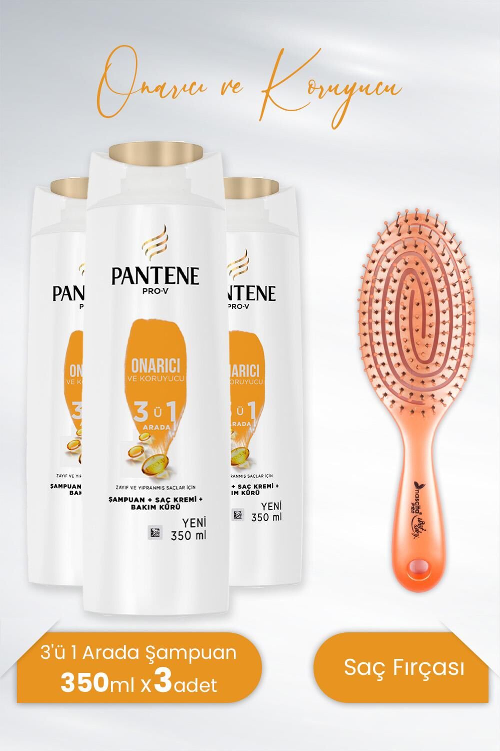 Pantene Şampuan Onarıcı ve Koruyucu 3'ü 1 Arada 350 ml x3 Adet ve Nascita Üç Boyutlu Oval Saç Fırçası Turuncu
