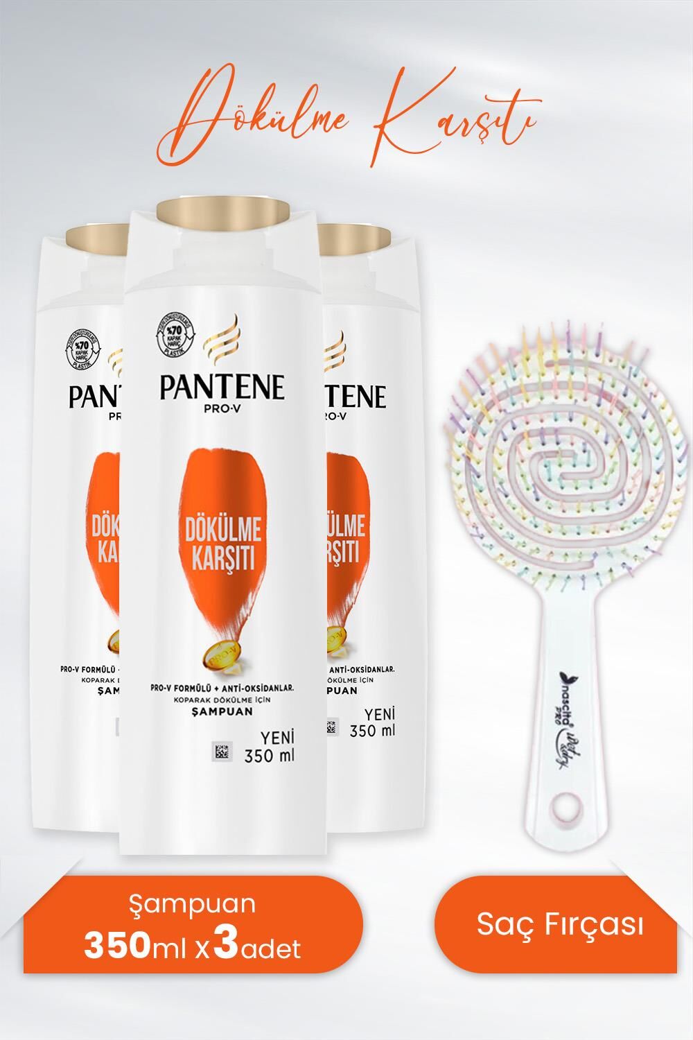Pantene Şampuan Pro-V Dökülme Karşıtı 350 ml x3 Adet ve Nascita Üç Boyutlu Saç Fırçası Beyaz