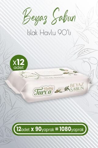 Baby Turco Islak Havlu Beyaz Sabun Kokulu 90' lı x 12 Adet (1080 Yaprak)