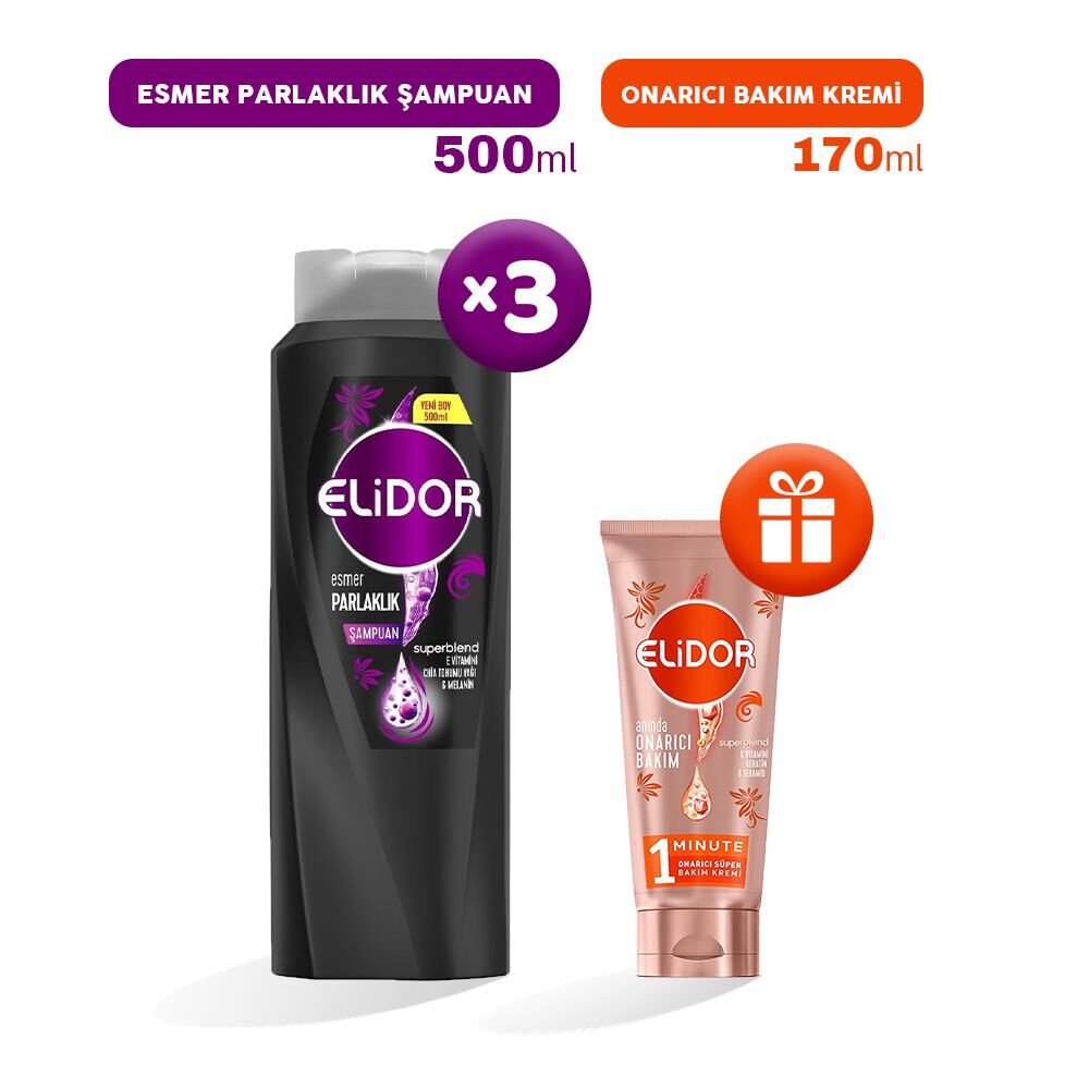 Elidor Şampuan Esmer Parlaklık 500 ml x 3, Bakım Kremi Hediyeli