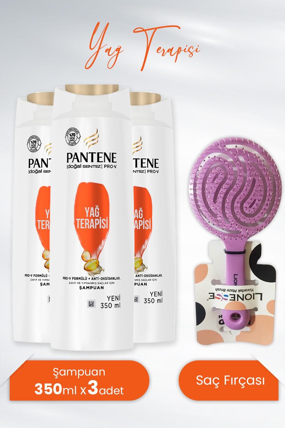Pantene Şampuan Doğal Sentez Yağ Terapisi 350 ml x3 Adet ve Tarko Lionesse Saç Fırçası Yuvarlak Mor