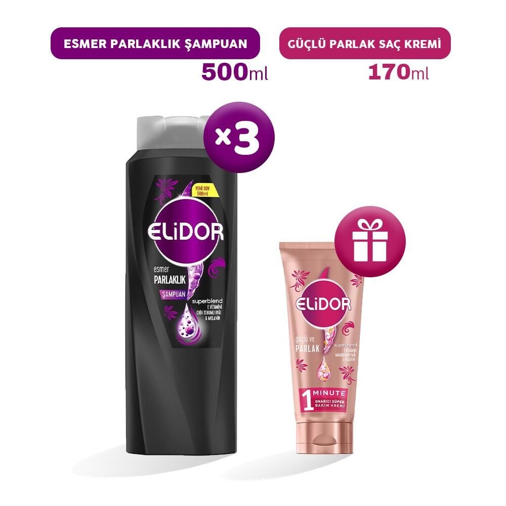 Elidor Şampuan Esmer Parlaklık 500 ml x 3, Bakım Kremi Hediyeli